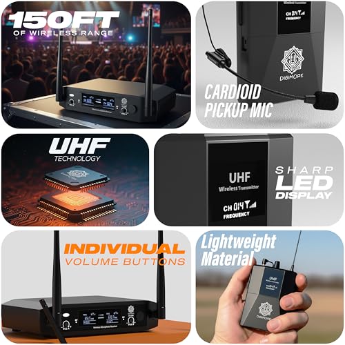 Image of DIGIMORE Wireless Microphone System | Dual Headset Lapel Mics | 150Ft Range | Cardioid Pickup | Balanced XLR Outs & UnBal 6.35mm Out | Cordless Mic for Singing, Karaoke, Church, DJ (D-317)