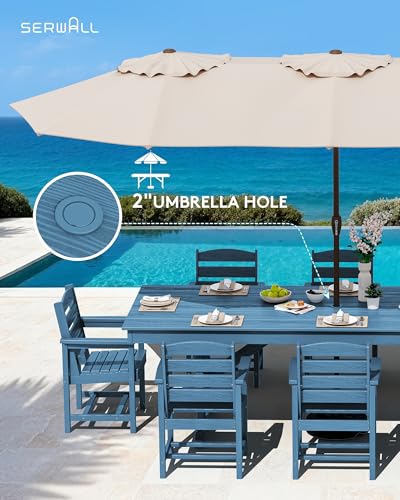 Image of SERWALL 9 Piece 84 inch HDPE Outdoor Dining Set for 8 with Armchairs and Umbrella Hole, Blue