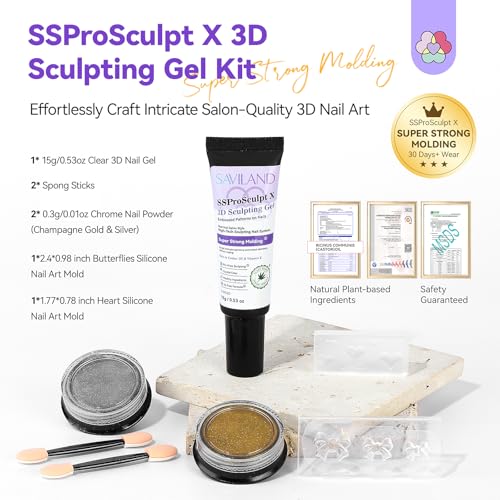 Image of SAVILAND SSPro X 3D Nail Gel Kit: 15g No Wipe Clear 3D Sculpting Gel for Nail Art Design Molding Carving Drawing Sculpture and Decoration with Chrome Powder Silicone 3D Molds Home Salon DIY Nail Art