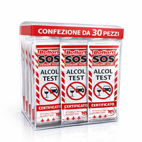 Bottari S.O.S – Prueba de Alcohol desechable Certificado UE 0,2 g/L, alcoholímetro desechable y desechable, 4 Niveles de detección, Resultado rápido, Paquete de 30 Unidades