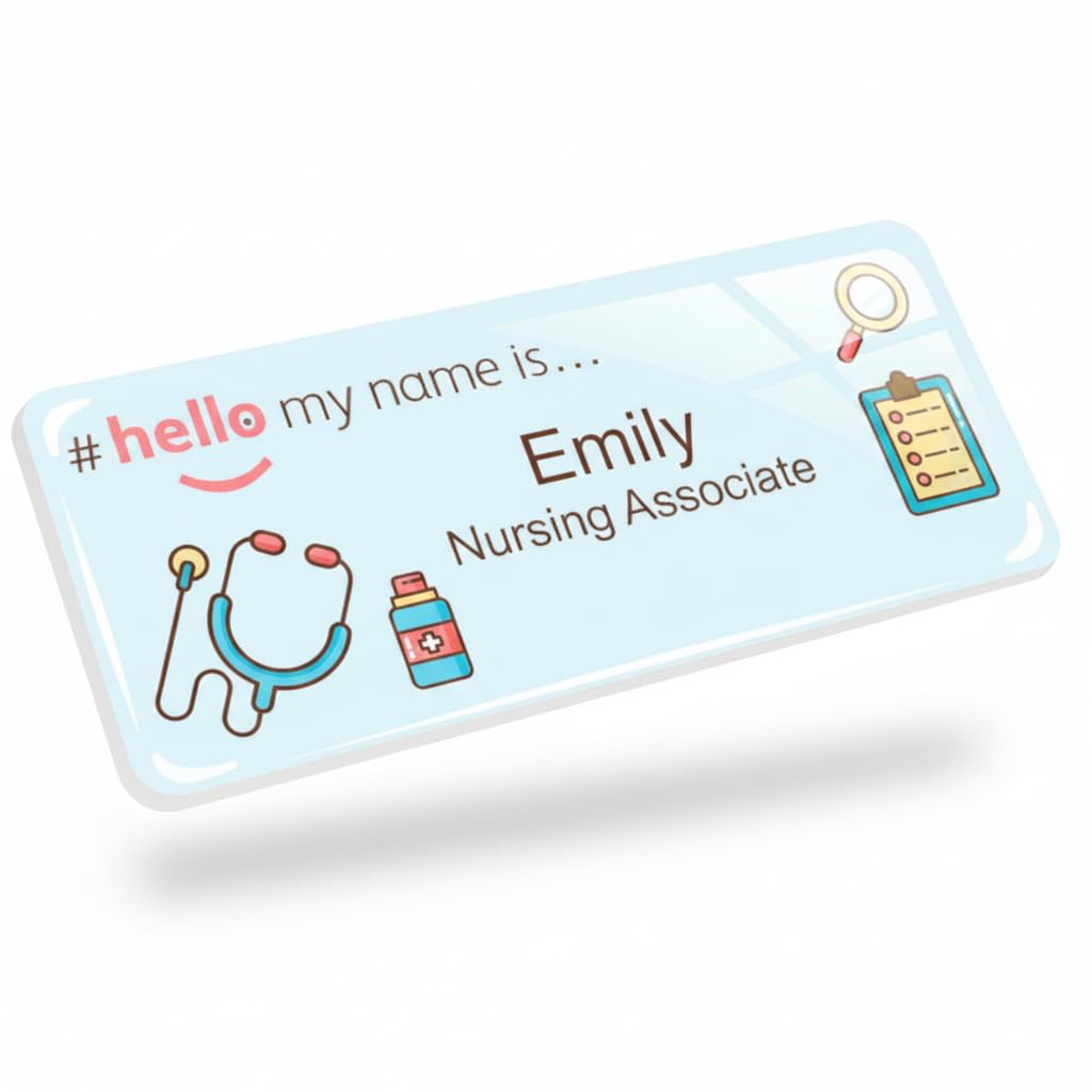Badgemaster Hello My Name is Clipboard and Mirror Badge Premium Domed White White 76 x 32mm Doctor Student Nurse Clinical Practitioner Healthcare Assistant Medical Staff GP