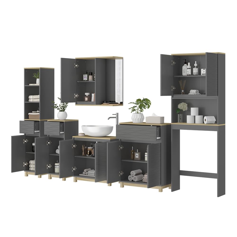 Vicco Meubles Bain Livia, Anthracite/chêne, 6 pièces