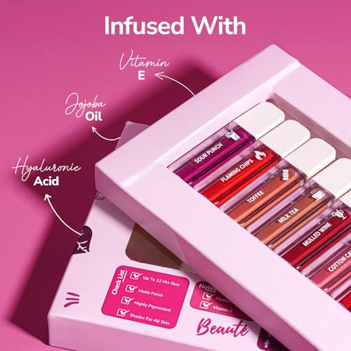 Image of Mila Beaute Set of 7 Non Transfer Mini Liquid Lipstick Gift Set I 12 Hrs Transfer proof I With Hyaluronic Acid I Perfect For Gifting, Special Occasion, Wedding, Travel Friendly Combo for Women I Gift Pack