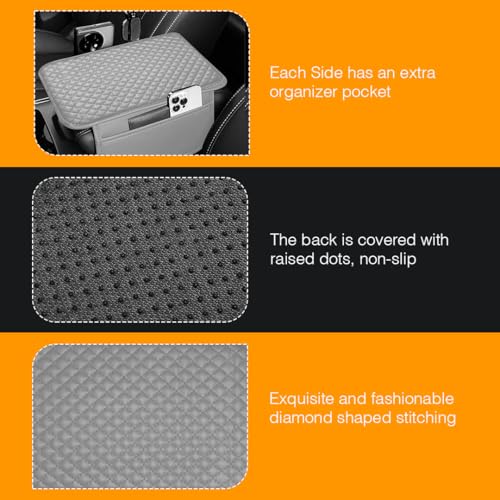 Image of Lyrovo PU Leather Car Armrest Cushion Pad With Side Pockets, Universal Fit for All Car (Grey)