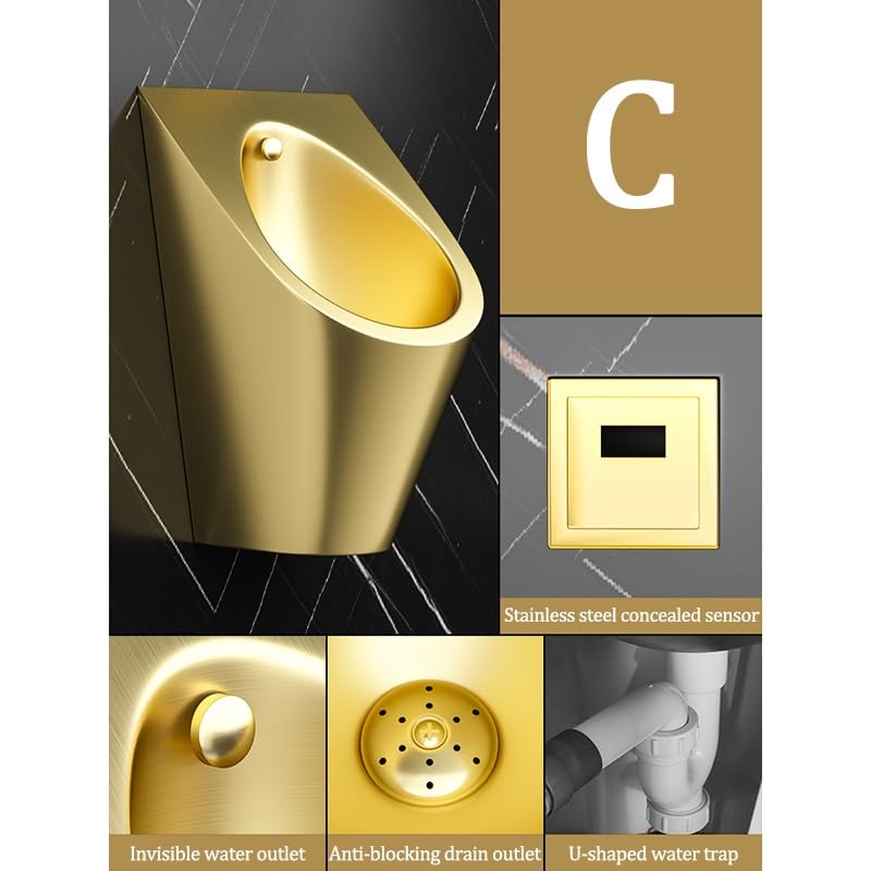 PFCDZDU Wall-Mounted Flushing Urinal, 304 Stainless Steel Men's Urinal Trough, Household/Commercial, Adult Urinal Toilet, Male Bathroom Public Toilet(Gold,C)