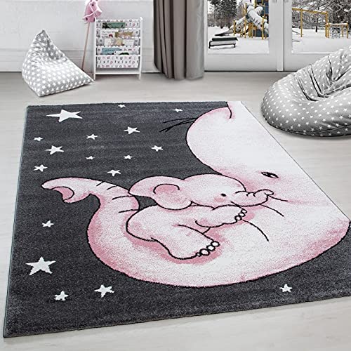 Ayyildiz Teppich Alfombra Infantil para habitación Infantil, diseño de Elefantes, Estrella Gris y Blanco – 80 x 150 cm