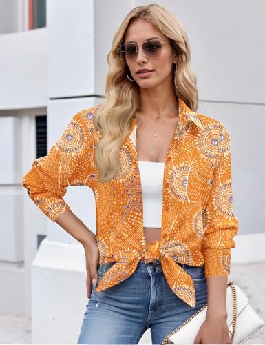 Zeagoo Women Button Down Shirts Long Sleeve Blouses for Women Dressy Boho Print Dressy Casual Tops Orange Printed S4