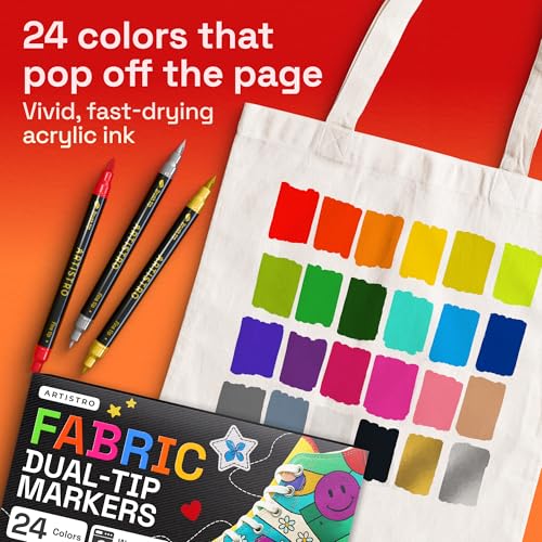 Image of ARTISTRO 24 Dual-Tip Fabric Markers Decorating Kit, Permanent for Clothes | Brush & Fine Tip, Acrylic Paint Pens for Sneakers, Bags, Shoes, Textiles, Canvas, Sewing, Craft, & DIY