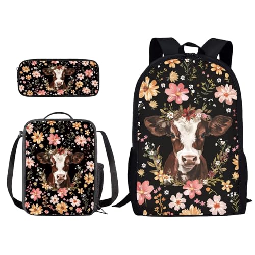 Xoenoiee Cow and Vintage Flowers Print 3 Pack Kids School Backpack Set for Teen Boys Girls Lunch Box Pencil Bag, Junior Schoolbag Bookbag for Students