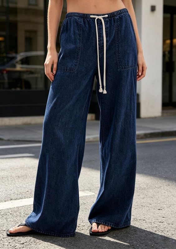 CHARTOU Women's Wide Leg Jeans High Waist Drawstring Elastic Waist Baggy Denim Pants Casual Loose Trousers with Pockets