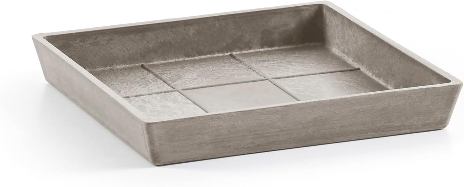 Ecopots Modern Recycled Plastic Square Flower Pot Planter Saucer, Dark Grey, 14"