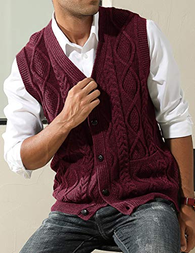 Image of PJ PAUL JONES Mens Cable Knit V Neck Sweater Vest Button Up | Sleeveless, Cardigan Sweater Vests with Pockets, Button Down, Knitted, Patterned, Regular Fit, Vintage, Retro, Dress, Casual