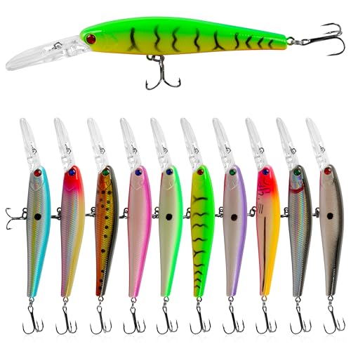 Fishing Lures Kit,10pcs Hard Baits Minnow Deep Diving Jerkbait Crankbait Swimbait Lifelike Walleye...