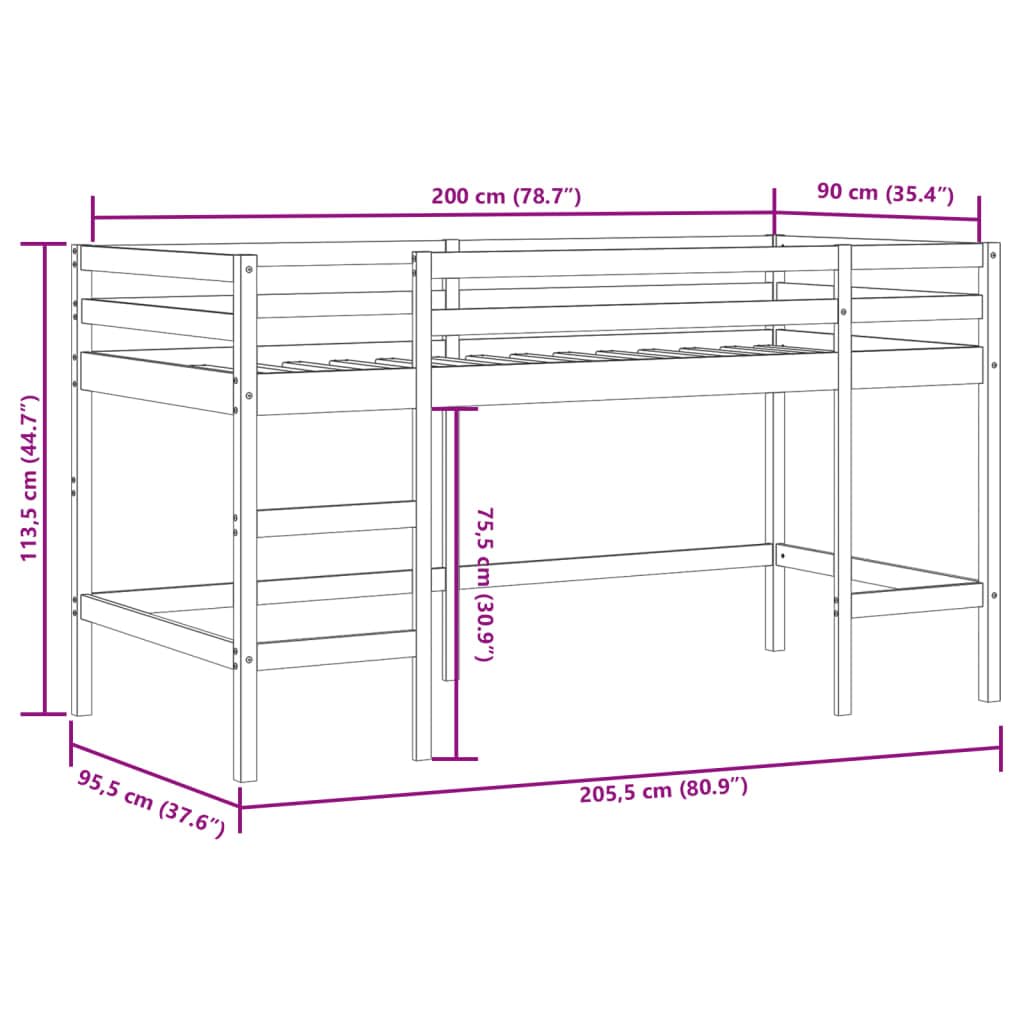 vidaXL Kinderhochbett, Hochbett mit Leiter Rausfallschutz, Spielbett Bett für Kinder ab 6 Jahren, Kinderbett Etagenbett Stockbett, Weiß 90x200cm Massivholz Kiefer