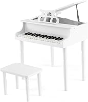 Vista 10 de Goplus Piano de juguete clásico para niños de 30 teclas, mini piano de madera estilo grand con banco, tapa para piano, estante para música, juguete