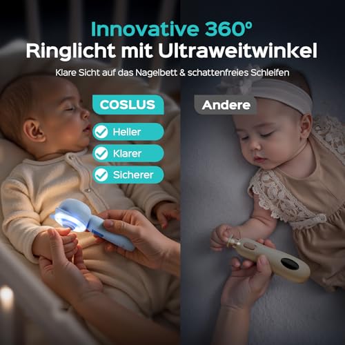 COSLUS C50 Baby Nagelfeile elektrisch mit 360° LED-Licht 16-in-1,Himmelblau – Ansicht 2