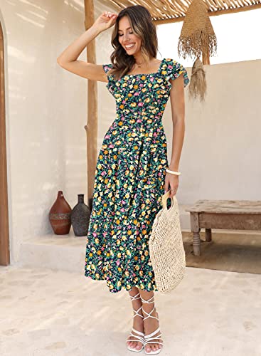 DOROSE Women's Summer Floral Dress Square Neck Smocked Boho Midi Dress Ruffle Tie Back Flowy Beach Long Tiered Dress3