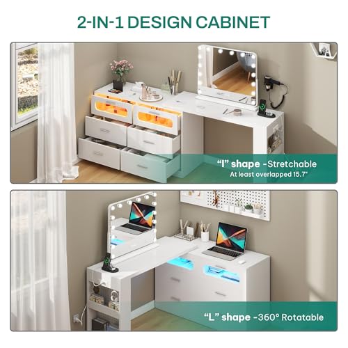 DWVO L Shaped Computer Desk with Power Outlet & RGB Light, 78.8" Reversible Gaming Desk for Bedroom, 360° Rotatable LED Drawer Dresser with 6 Drawers, Home Office Desk with Charging Station, White