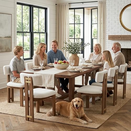 Image of HNY Modern Farmhouse Boucle Dining Chairs Set of 6, White Sherpa Fabric Upholstered Dining Room Kitchen Chairs with Natural Wood Frame & Curved-Back, Armless Accent Wood Chairs for Dining Living Room