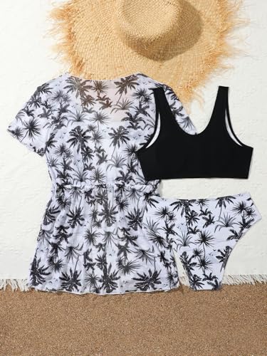 Image of Girl's 3 Piece Bikini Set Tropical Leaf Print Swimwear Bathing Suit Swimsuit with Kimono Cover Up Black 10Y