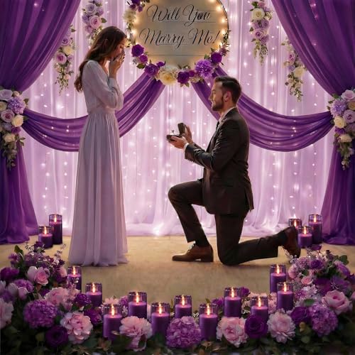 Image of Homemory Purple Glass Flameless Candles, Battery Operated LED Pillar Candles with Remote Control and Timer, Radiance Candles, Real Wax, Set of 3,D3 xH4 5 inch 6 inch