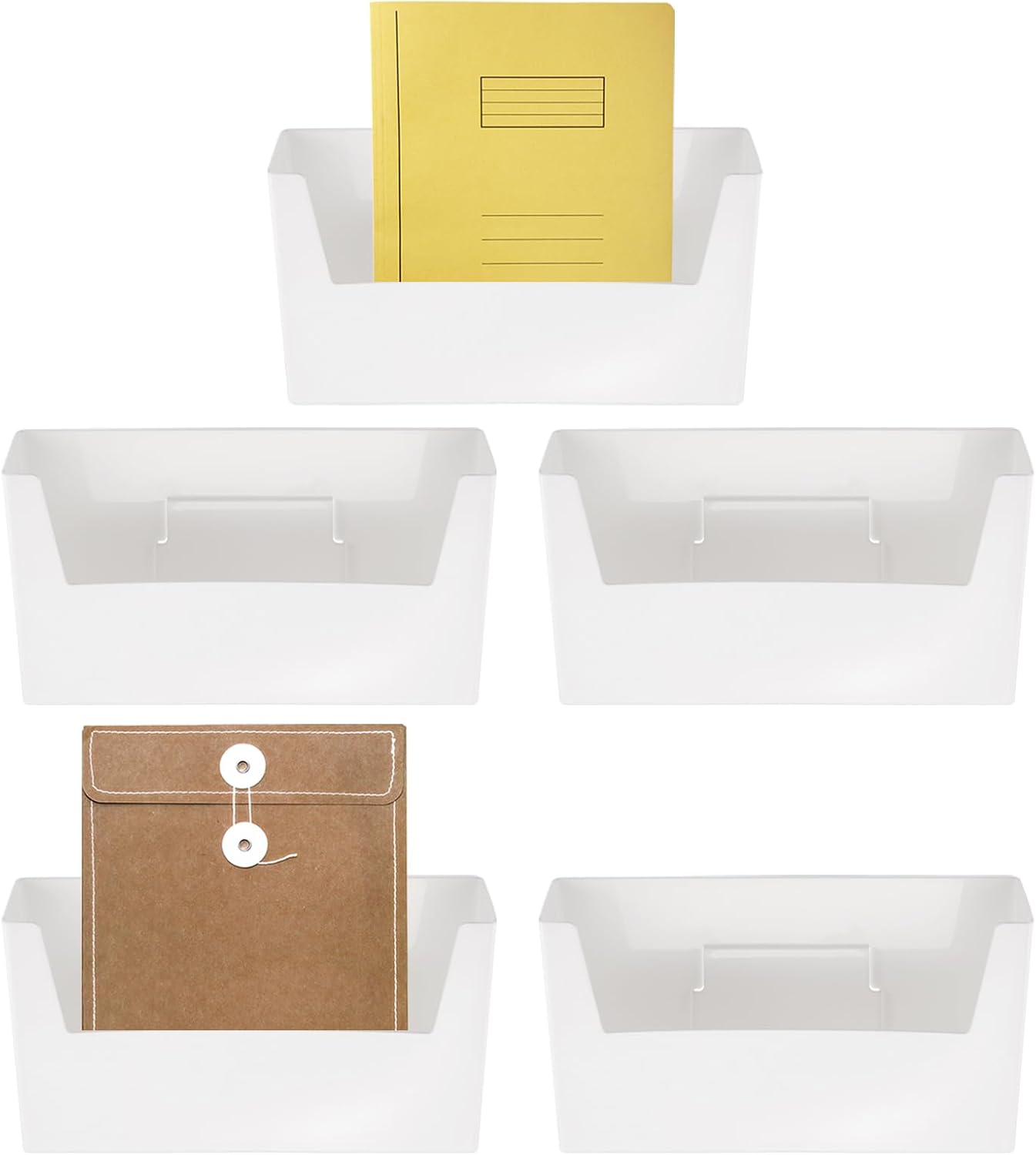 uxcell No Drilling File Holder, 5 Pcs Wall Mount File Organizer Magazines Organizer Door Mount Wall Hanging Pocket with Adhesive Pad, White