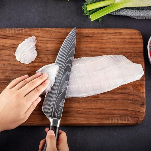 Image of DIVOX Damascus Chef Knife, Ultra Sharp Kitchen Knife, 8 inch Professional Chef's Knife, German High Carbon Stainless Steel Meat Vegetable Cutting Knives with Ergonomic Handle