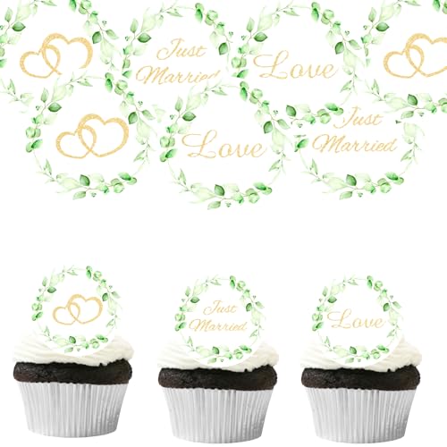 ENLACE Just Married Tortendeko Hochzeit Essbar, 48 Stück Just Married Cupcake Topper Hochzeit Muffin Deko, Herz Kuchen Deko Hochzeitstorte, Esspapier Tortendeko Hochzeitsfeier für Antrag, Verlobung
