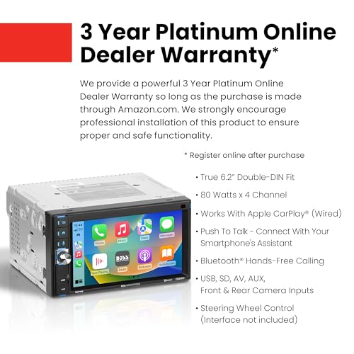 Image of BOSS Audio Systems BCP62 Car Stereo - Apple CarPlay, Double Din, 6.2 Inch Capacitive Touchscreen, Bluetooth, No CD DVD Player, AM /FM Radio Receiver, USB