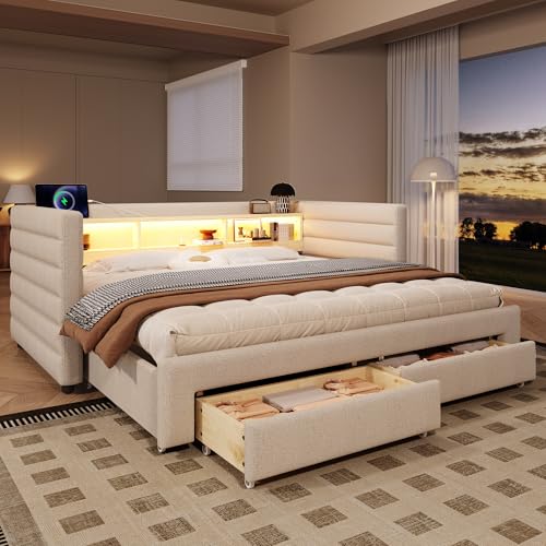 Kebnor Daybett, cama diurna, diseño de cama nido multifuncional, conectores USB y tipo C, con dos cajones, varios compartimentos de almacenamiento, barra de luz LED, sin colchón, terciopelo (beige, 90
