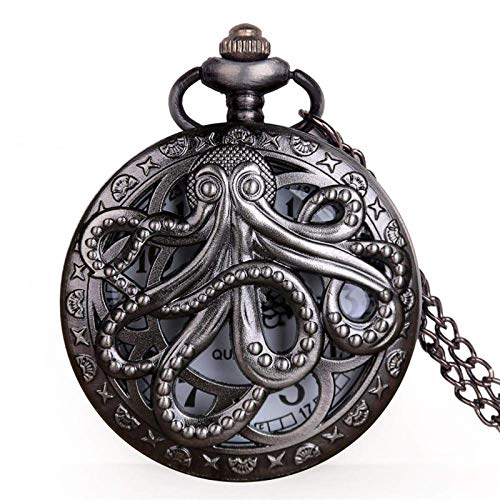 J-Love Vintage Octopus Hollow Quartz Pocket Watch Steampunk Black Pocket Watch with Necklace Chain Gift for Kids