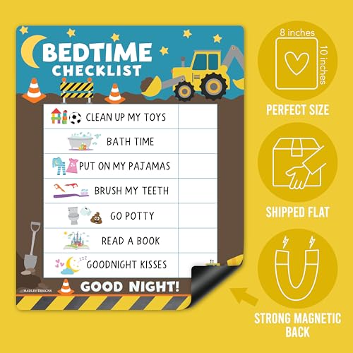 Image of Magnetic Morning & Bedtime Routine Chart for Kids - Customizable Toddler Daily Schedule Board with Dry Erase Surface, Stickers & Marker, Build Habits with Visual Checklists, Construction Theme