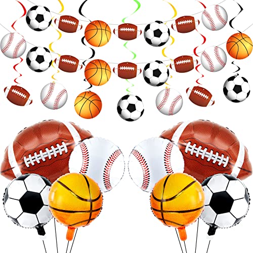 26 Pieces Sports Themed Party Decoration Include 2 Pieces Sports Theme Banner 16 Pieces Sports Hanging Swirl 8 Pieces Sports Aluminum Balloon for Sports Themed Party Birthday Party Supplies Ball Fans