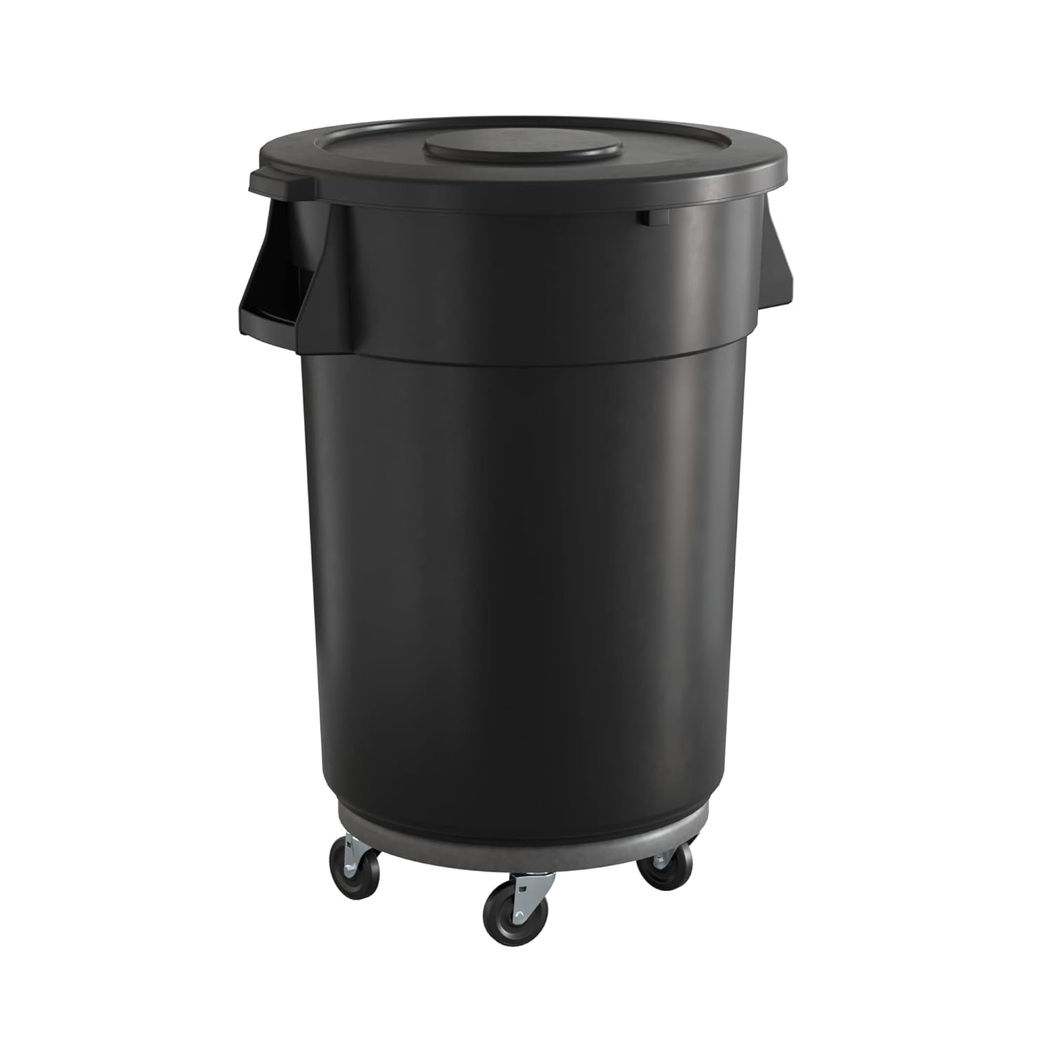 44 Gallon Black Round Commercial Trash Can with Lid and Dolly