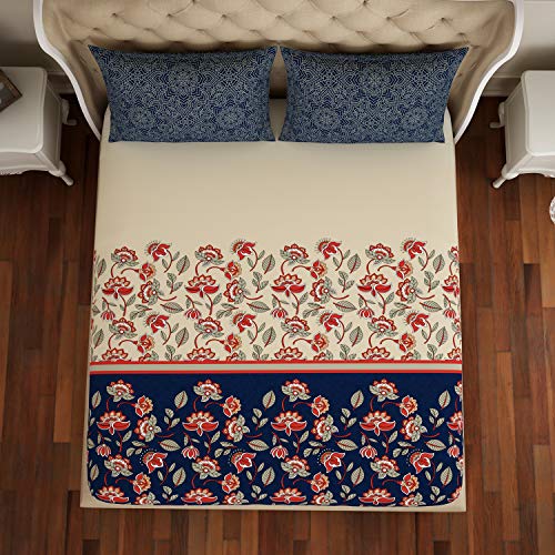 Image of Spaces Atrium Plus 210 TC 100% Cotton Queen Size Fitted Double Bedsheet with 2 Pillow Covers (Floral, 60 inch X 78 inch Inches ) - Blue