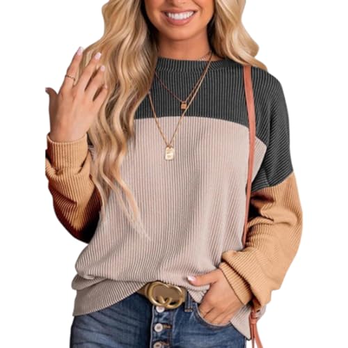 YWeiLiangSan 2024 Womens Fashion Color Block Long Sleeve Crewneck Knitted Casual Loose Pullover Shirts Tops (Khaki,X-Large)