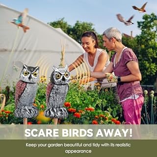 Lomrsiul Owl Decoys to Scare Birds Away, Rotating Head Plastic Garden Owl Scarecrow for Garden, Waterproof Owl Statue for Courtyard Orchard Doorway Roof Owl Decor 2 Pack
