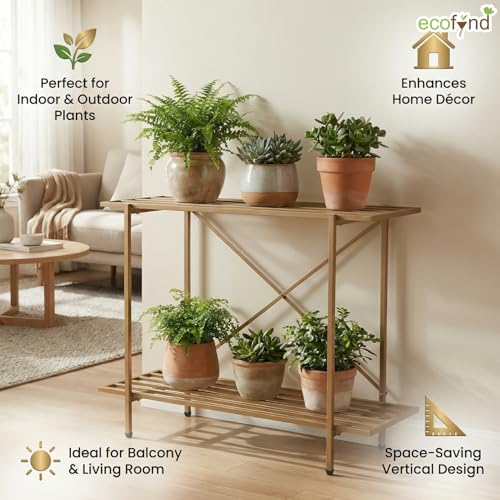 Image of ecofynd Eric Plant Stands for Outdoor Balcony, Flower Pot Stand for Indoor Plants, Large Metal Planter Stand for Living Room, home decor, Indoor & Outdoor plants, 2 Tier (35 Inch, PS041-GO)
