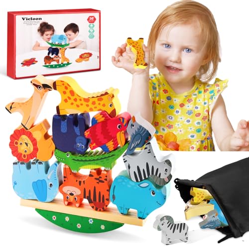 Vicloon Tiere Stapelspielzeug aus Holz, Stapelspiel ab 3 4 5 Jahre, Balancierspiel mit 11 Tierfiguren aus Holz, Montessori Spielzeug, Geburztag Weihnacht Ostern Geschenk für Mädchen Junge