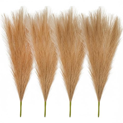 Image of Pack of 4 Pcs Artificial Flowers Faux Pampas Grass Small Fake Flower Plant for Home Decor, Office, Bedroom, Living Room, Table Decoration, Dried Plants (Without Vase Pot) (Light Brown)