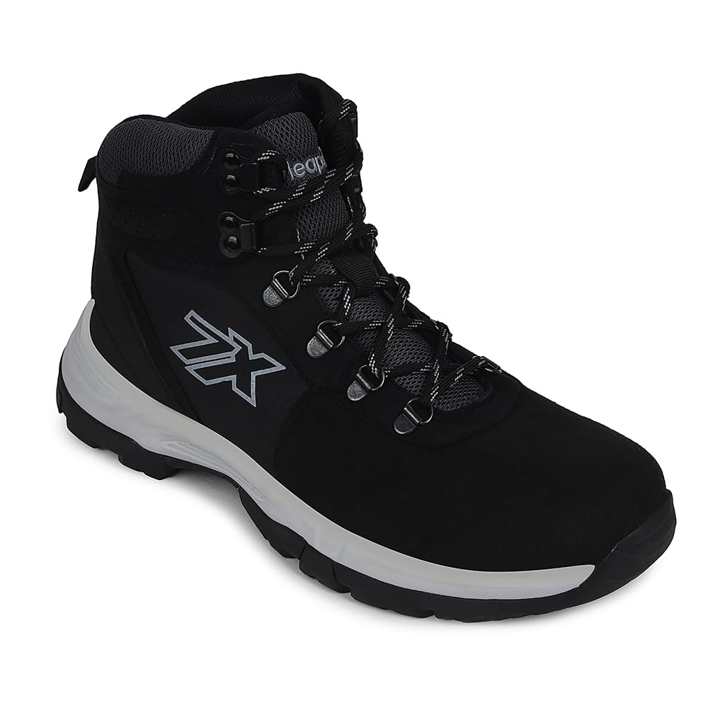 Leap7x Platinum-E Men Sports High Ankle Trekking Shoes - Black & Brown | Comfortable and Durable | Suitable for Walking, Running, Outdoor and Hiking Footwear for Man | Cushioned Footbed