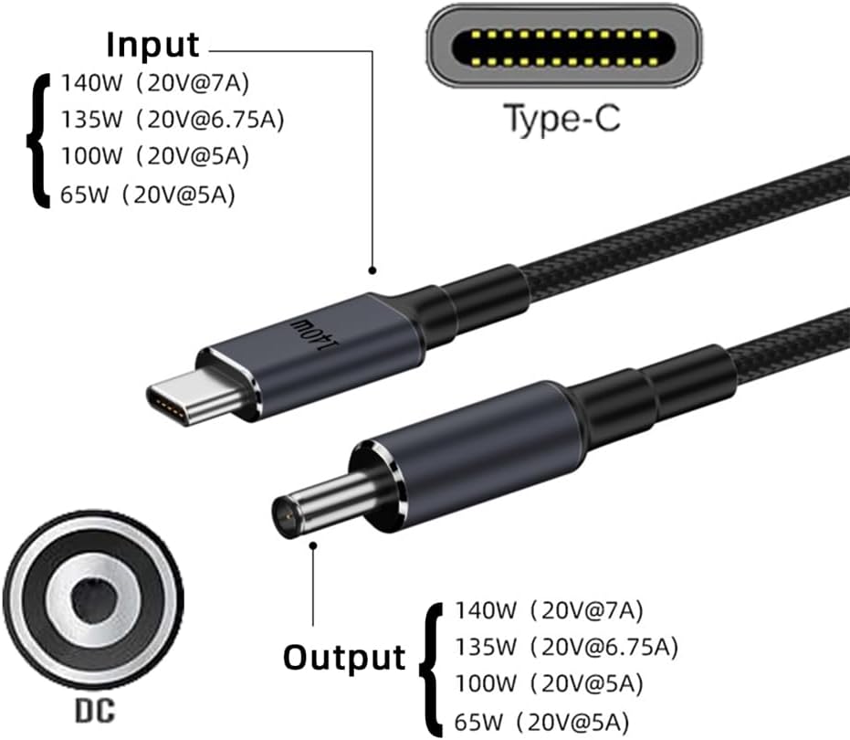 NFHK Type C USB-C Input to 20V DC 5.5 * 2.1mm Output Power 100W 135W 140W 65W PD Charge Cable for Laptop 140W DC5.5X2.1MM image 6 of 9 B0CKXC6V7C