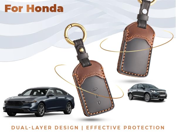 Image of keyzone dual leather key cover for Honda City, Accord, Amaze, CR-V, WR-V 3 button smart key