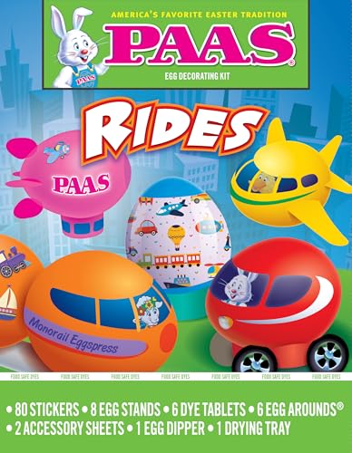 PAAS Rides Easter Egg Decorating Kit – Fun & Easy Egg Dying for the Whole Family with 80 Stickers, 6 Dye Tablets, and 6 Egg Arounds