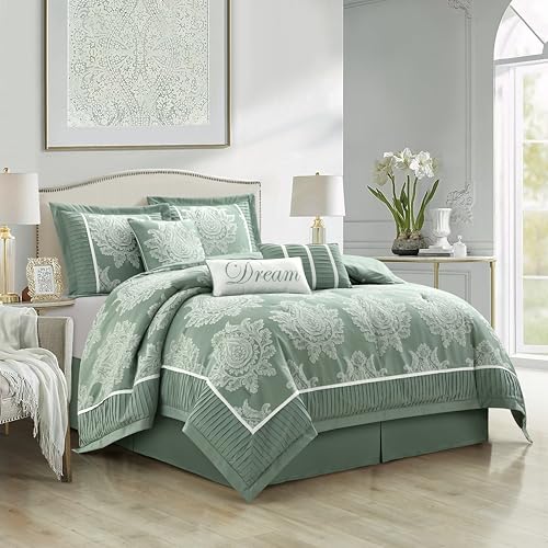 Stratford Park Sage 7PC Comforter Set California King Size, Jacquard with Matching Solid Piecework Bedding Set, All Season, Bedskirt, Pillows & Shams by Stratford Park - Used condition - Image 2