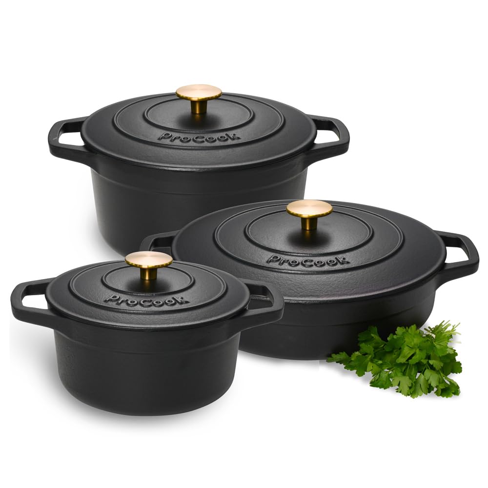 ProCook Enamel Dutch Oven Set with Lids - 3 Piece, Round Cast Iron Casserole Dishes - Black, Induction Compatible Cookware