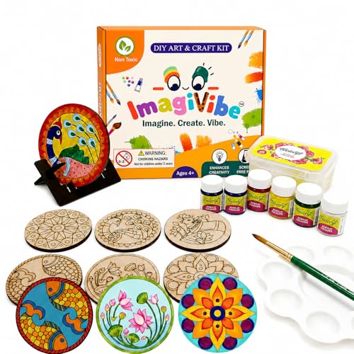 Image of ImagiVibe 3-in-1 Premium Coaster Painting Kit for Kids & Adults | DIY Mandala, Madhubani & Pichwai Art | 6 Pre-Marked Wooden 4 Inch MDF Coasters with Stand | Creative Art & Craft Activity | Gift (Acrylic Paint)