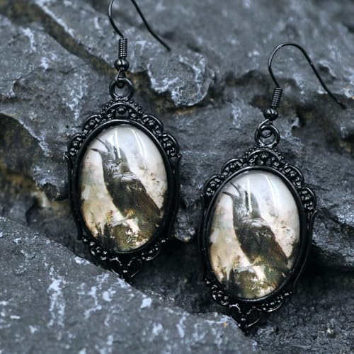 Goth Raven Cameo Earrings - Vintage Gothic Crow Drop Dangle Earrings - Halloween Witch Costume Accessories Jewelry Gift for Women3