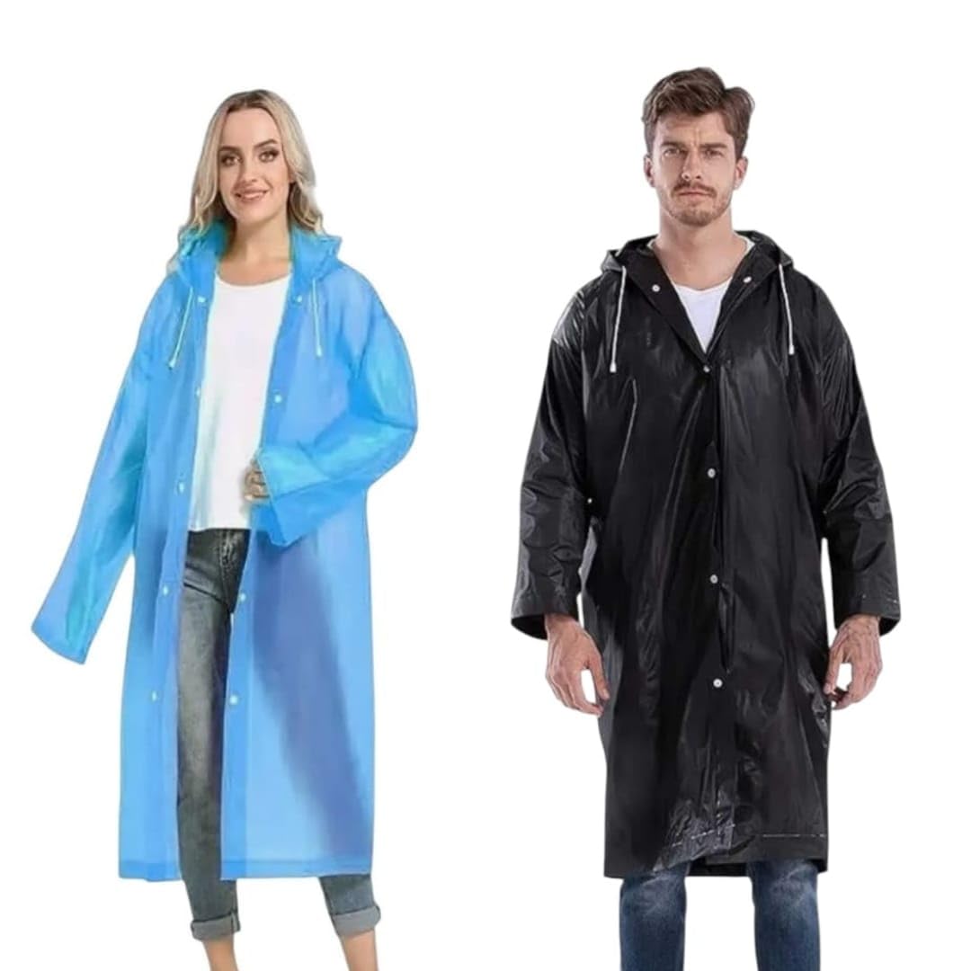 Natani Traders Lightweight EVA Raincoat for Men and Women, Waterproof, Hooded with Drawstring, Button Closure, Flexible and Packable Blue and Black (Pack of 2)-image-5
