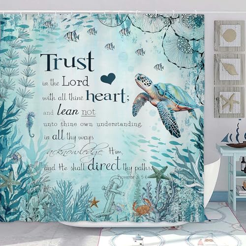 Beach Sea Turtle Bible Verse Shower Curtain Cool Turtle on Blue Teal Coastal Nautical Theme Shower for Bathroom Underwater Animal Fish Seashell Jellyfish 70X70IN